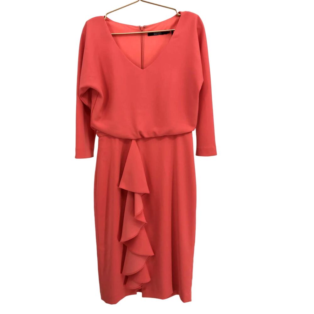 Badgley Mischka Salmon 3/4 Sleeve Blouson Ruffle Sheath Dress Size 6